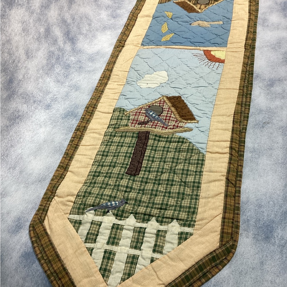 Patch Magic Patchwork Quilted Table Runner VINTAGE Bird Houses Earth Tones